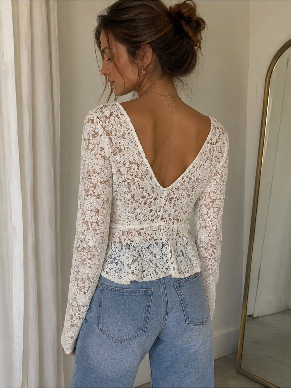 Zara Cream Lace V-Back Peplum Top